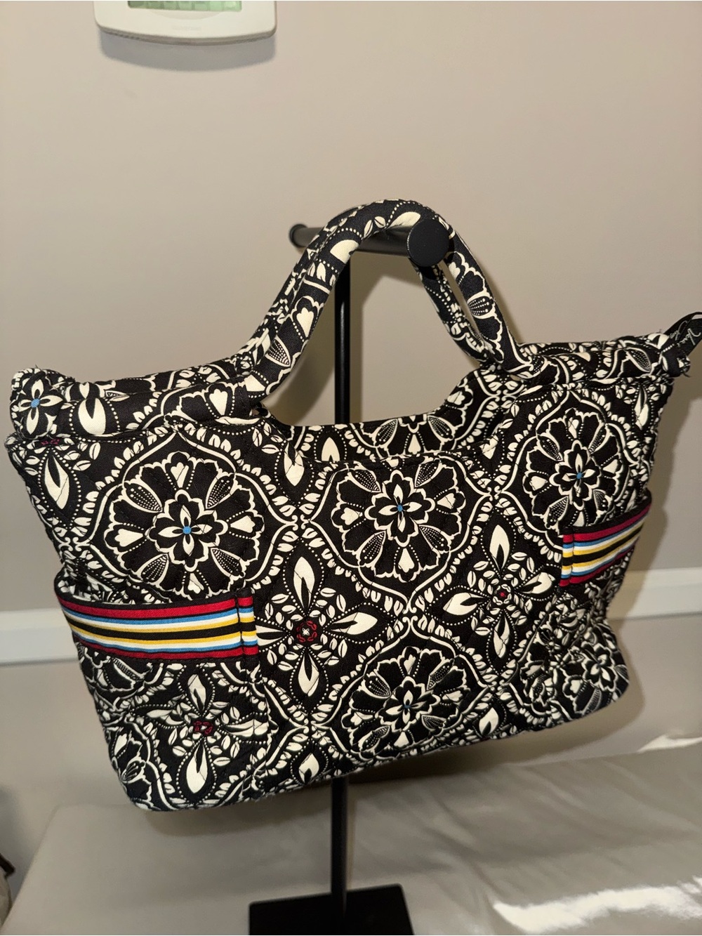 Vera Bradley Black & White Quilted Tote with Multicolor Stripe Detail